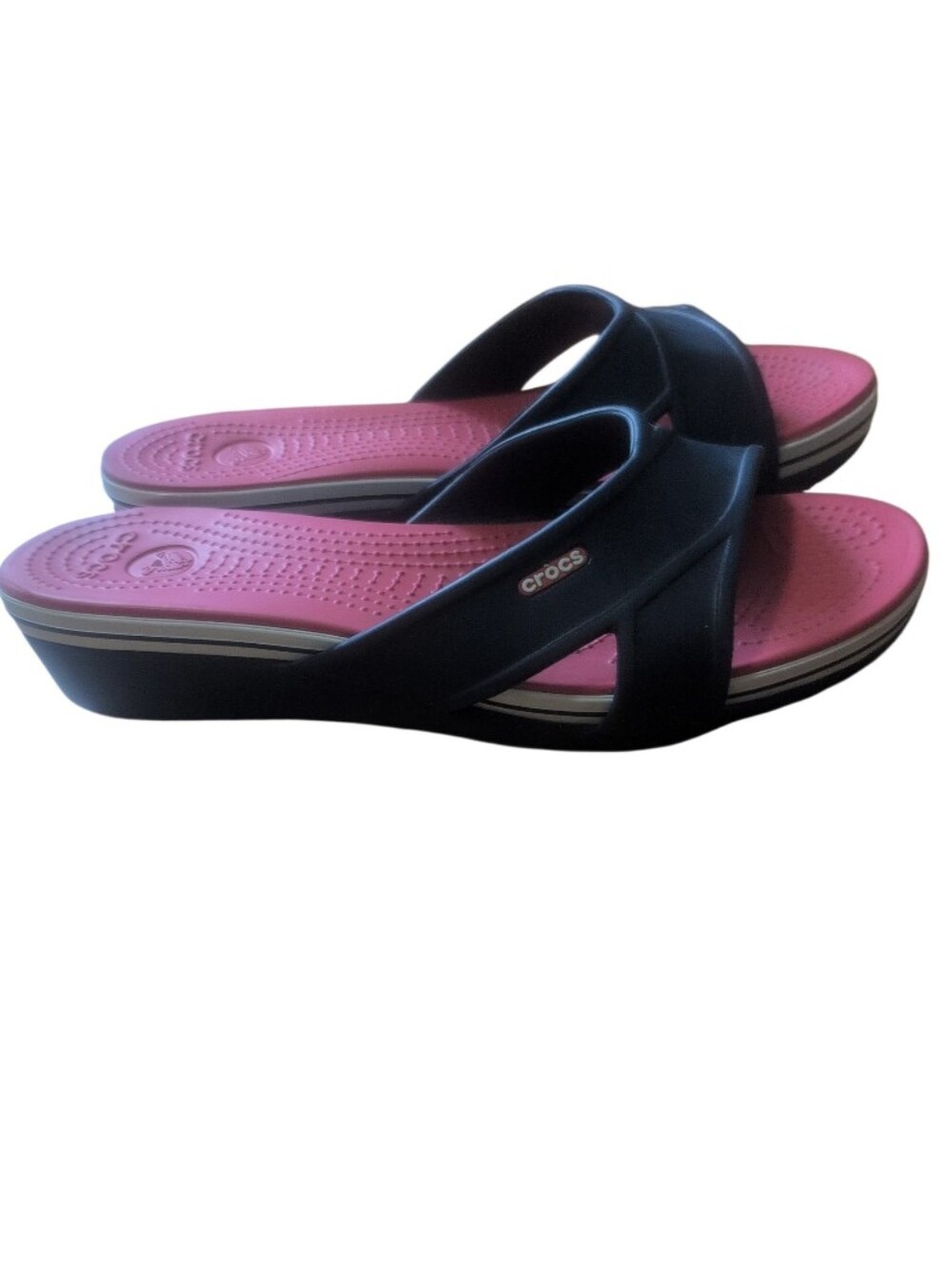 Crocs Navy Pink Wedge Slide Sandals Comfort Casual Slip On Shoes